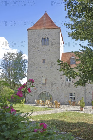 Inner courtyard with tower and building, castle, Wanzleben, Romanesque Road, Saxony-Anhalt, Germany