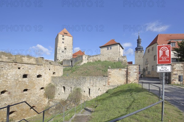 Entrance to the Romanesque castle built 10th century with martyr's tower, Paris tower, towers, moat, bulwark, inscription, signpost, Querfurt, Romanesque Road, Saxony-Anhalt, Germany