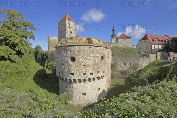 Romanesque castle built in the 10th century with Dicker Heinrich, Marterturm and Pariser Turm, towers, fortress, moat, bastion, Querfurt, Romanesque Road, Saxony-Anhalt, Germany