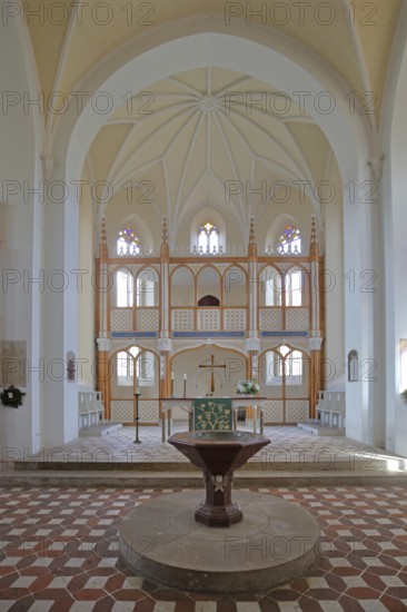 Baptismal font and chancel, interior view of the neo-Gothic St Peter's Church, UNESCO, Dessau-Wörlitz Garden Kingdom, Wörlitz, Saxony-Anhalt, Germany