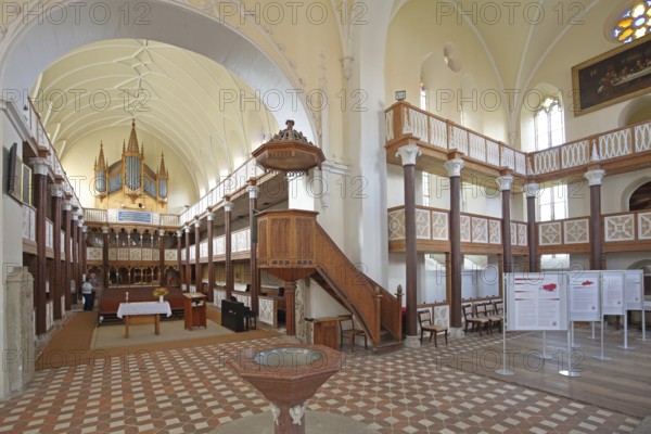 Organ, baptismal font, pulpit with pulpit bonnet, gallery, interior view of the neo-Gothic St Peter's Church, UNESCO, Dessau-Wörlitz Garden Kingdom, Wörlitz, Saxony-Anhalt, Germany