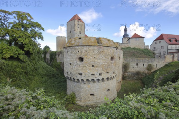 Romanesque castle built in the 10th century with Dicker Heinrich, Marterturm and Pariser Turm, towers, fortress, moat, bastion, Querfurt, Romanesque Road, Saxony-Anhalt, Germany