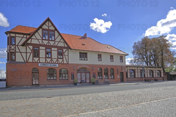 Historic railway station building, half-timbered house, Bad Salzelmen, Schönebeck, Saxony-Anhalt, Germany
