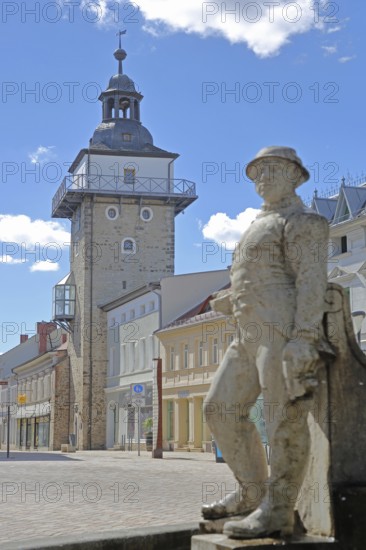 Historic salt tower and sculpture of the market fountain, town tower, Schönebeck, Saxony-Anhalt, Germany