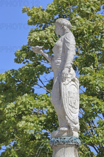 Female figure with coat of arms at the market fountain, sculpture, detail, market square, Schönebeck, Saxony-Anhalt, Germany
