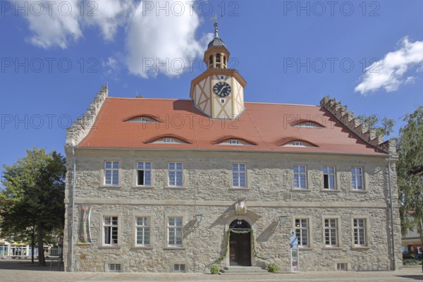Historic town hall with spire and stepped gable, Salzlandmuseum, Museum, Bad Salzelmen, Schönebeck, Saxony-Anhalt, Germany
