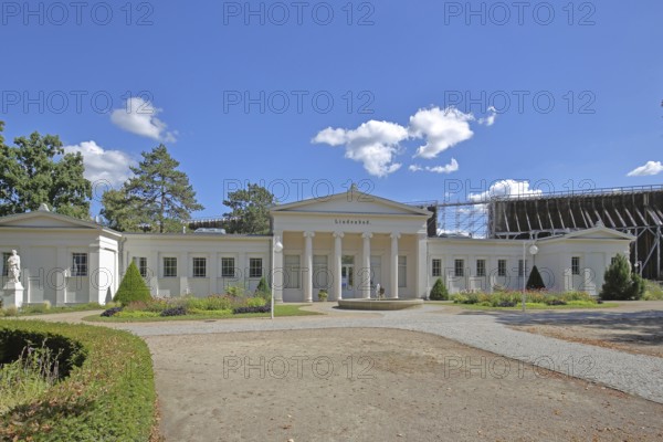 Classicist lime tree bath with columns, graduation tower, brine park, spa gardens, Bad Salzelmen, Schönebeck, Saxony-Anhalt, Germany