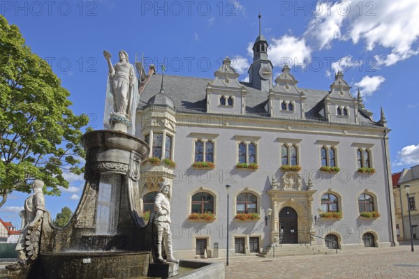 Market fountain with allegorical sculptures and town hall, market fountain, market square, Schönebeck, Saxony-Anhalt, Germany