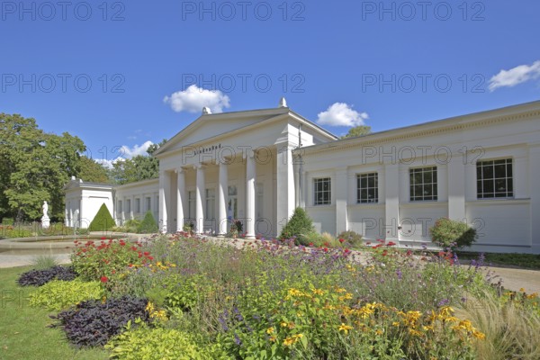 Classicist lime tree bath with columns and flower bed, Solepark, spa garden, Bad Salzelmen, Schönebeck, Saxony-Anhalt, Germany