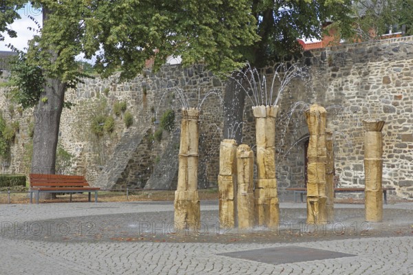Fountain and historic town wall, water features, Hagentor Haldensleben, Saxony-Anhalt, Germany