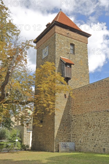 Historic Bülstring gate tower and former town fortifications, town wall, town tower, town gate, autumn, Haldensleben, Saxony-Anhalt, Germany