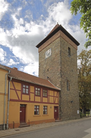 Historic Bülstring gate tower and half-timbered house, part of the former town fortifications, town wall, town tower, town gate, Haldensleben, Saxony-Anhalt, Germany