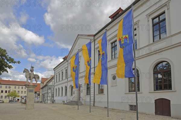 Town flags on the town hall with Roland statue, equestrian statue, equestrian statue, market square, Haldensleben, Saxony-Anhalt, Germany