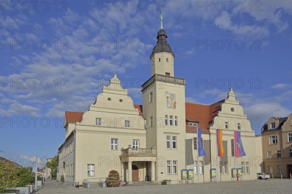 Renaissance town hall with EU flag, German national flag and town flag, three, flags, Coswig, Fläming, Saxony-Anhalt, Germany
