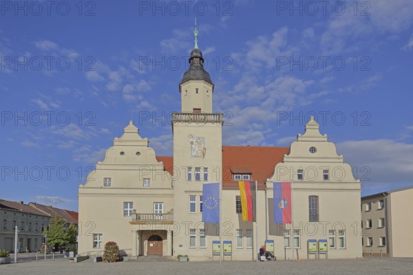 Renaissance town hall with EU flag, German national flag and town flag, three, flags, Coswig, Fläming, Saxony-Anhalt, Germany