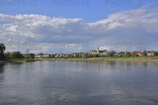 View of Coswig with castle on the Elbe, banks of the Elbe, cityscape, Fläming, Saxony-Anhalt, Germany