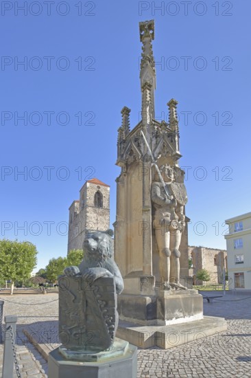 Roland and church ruins of St Nikolai, bear figure with shield and coat of arms, statue with sword, market square, Zerbst, Fläming, Saxony-Anhalt, Germany