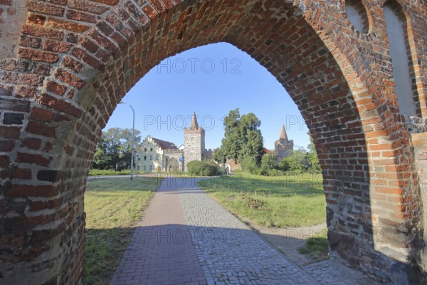 Historic Heath Gate with town wall and building with stepped gable, town fortification, town gate, town tower, brick building, view, archway, towers, Zerbst, Fläming, Saxony-Anhalt, Germany