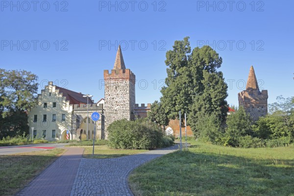 Historic Heath Gate with town wall and building with stepped gable, town fortification, town gate, town tower, Zerbst, Fläming, Saxony-Anhalt, Germany