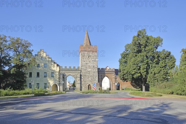 Historic Heath Gate with town wall and building with stepped gable, town fortification, town gate, town tower, Zerbst, Fläming, Saxony-Anhalt, Germany