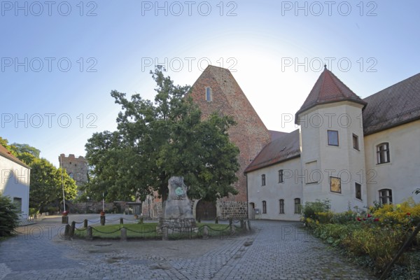 Inner courtyard of the Francisceum built in the 13th century in backlight, former Franciscan monastery, local history museum, Zerbst, Fläming, Saxony-Anhalt, Germany