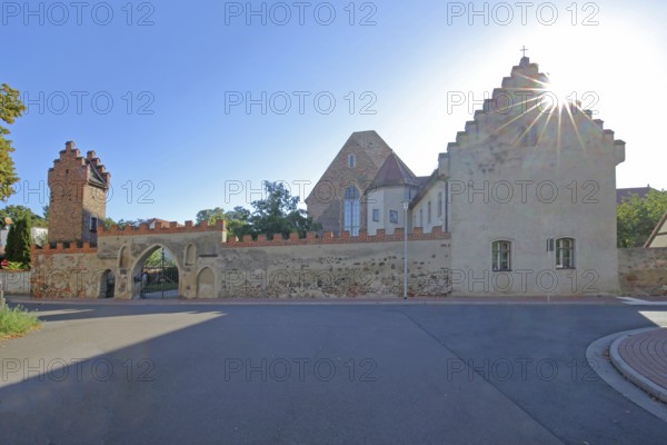 Francisceum built 13th century in backlight, former Franciscan monastery, tower with battlements, stepped gable, building, museum of local history, Zerbst, Fläming, Saxony-Anhalt, Germany
