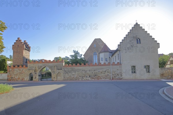 Francisceum built 13th century, former Franciscan monastery, tower with battlements, stepped gable, building, museum of local history, Zerbst, Fläming, Saxony-Anhalt, Germany