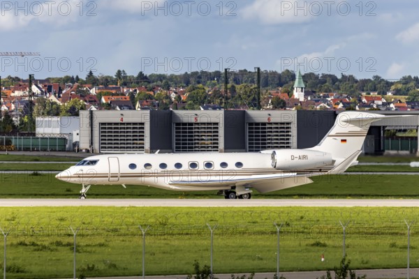 Aircraft at Stuttgart Airport. Aircraft registration number: D-AIRI, Gulfstream G650ER, DC Aviation. Stuttgart, Baden-Württemberg, Germany