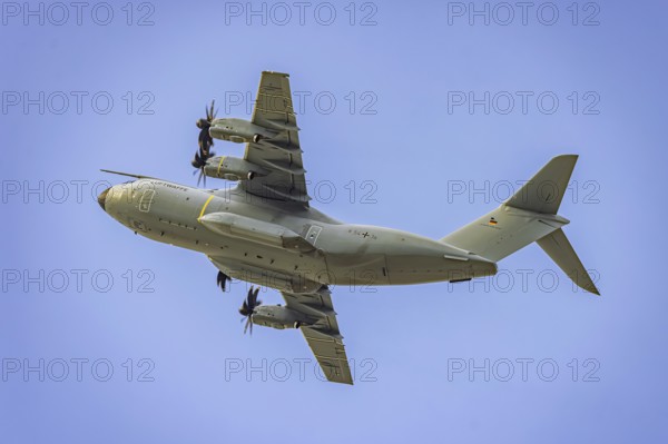 Military aircraft of the German Air Force. Airbus A400M climbing flight after take-off. Stuttgart, Baden-Württemberg, Germany