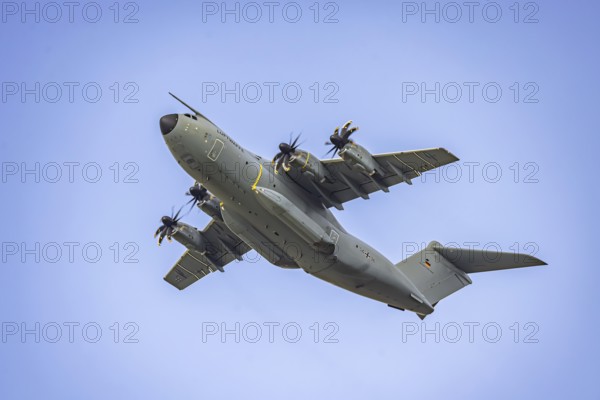 Military aircraft of the German Air Force. Airbus A400M climbing flight after take-off. Stuttgart, Baden-Württemberg, Germany