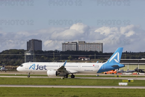 Aircraft at Stuttgart Airport. Aircraft registration number: TC-LUJ, AJet, Airbus A321neo. Stuttgart, Baden-Württemberg, Germany