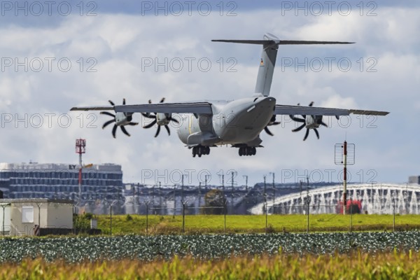 Military aircraft of the German Air Force. Airbus A400M approaching Stuttgart Airport. Stuttgart, Baden-Württemberg, Germany