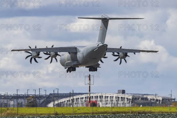 Military aircraft of the German Air Force. Airbus A400M approaching Stuttgart Airport. Stuttgart, Baden-Württemberg, Germany