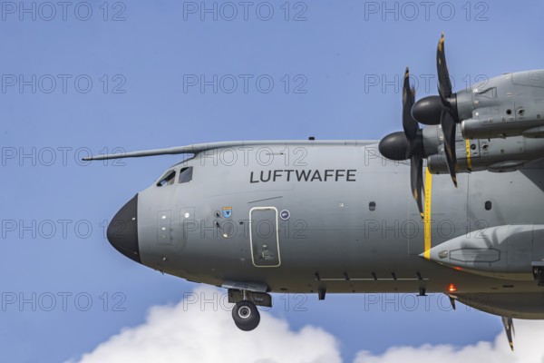 Military aircraft of the German Air Force. Airbus A400M approaching Stuttgart Airport. Stuttgart, Baden-Württemberg, Germany