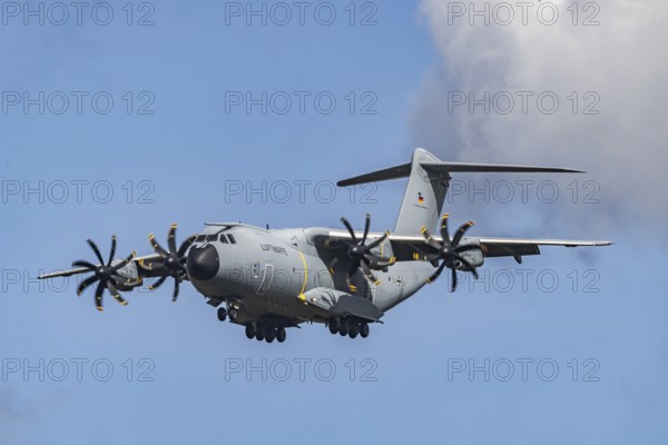 Military aircraft of the German Air Force. Airbus A400M approaching Stuttgart Airport. Stuttgart, Baden-Württemberg, Germany
