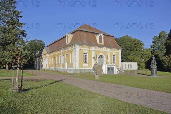 Baroque town hall and monument to Russian Tsarina and Empress Catherine the Great, castle garden, Zerbst, Fläming, Saxony-Anhalt, Germany