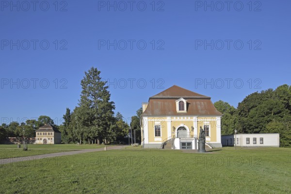 Baroque town hall and stables, monument to Russian Tsarina and Empress Catherine the Great, castle garden, Zerbst, Fläming, Saxony-Anhalt, Germany