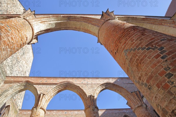 Interior view of the St Bartholomäi church ruins, view upwards, open, archways, columns, pillars, brick church, Zerbst, Fläming, Saxony-Anhalt, Germany