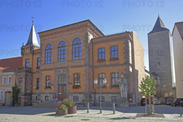 Town hall with Roland built in 1876 and witches' tower, market square, Calbe, Saxony-Anhalt, Germany