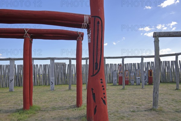 Archaeological reconstructed circular ditch from the Stone Age, Bronze Age, poles with runes, bow and arrow, ring ditches, reconstruction, wooden beams, wooden poles, palisades, symbols, signs, ring sanctuary, Pömmelte, Zackmünde, Barby, Saxony-Anhalt, Germany