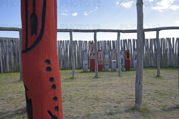 Archaeological reconstructed circular ditch from the Stone Age, Bronze Age, poles with runes, bow and arrow, ring ditches, reconstruction, wooden beams, wooden poles, palisades, symbols, signs, ring sanctuary, Pömmelte, Zackmünde, Barby, Saxony-Anhalt, Germany