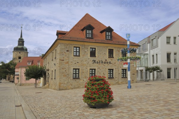 Market square with town hall and church tower of the town church, flower decoration, maypole, market, Bad Lauchstädt, Saxony-Anhalt, Germany