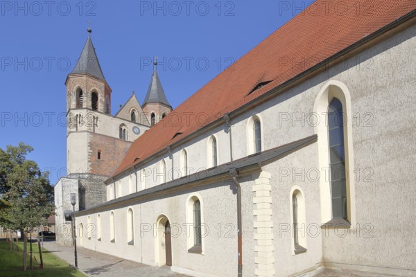 Gothic St Mary's Church with twin towers, Aken, Saxony-Anhalt, Germany