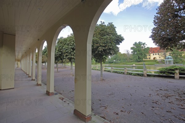 Colonnade in the spa park pond, Goethe Park, castle and pavilion, Bad Lauchstädt, Saxony-Anhalt, Germany
