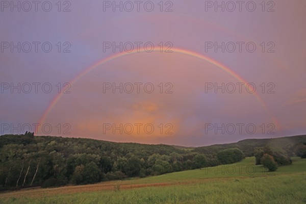 Half-round rainbow with forest and fields, landscape, light mood, nature photography, Niedernhausen, Bremthal, Eppstein, Taunus, Hesse, Germany