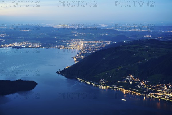 View from Rigi Kulm to the sea of lights with Lake Zug and the Kiemen, Walchwil, Canton Zug, Switzerland
