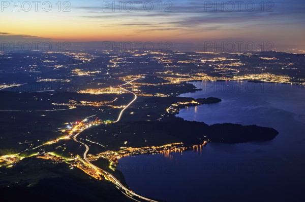 View from Rigi Kulm to the sea of lights with the motorway, Lake Zug, Immensee, Canton Schwyz, Switzerland