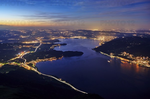 View from Rigi Kulm to the sea of lights with the motorway, Lake Zug, Immensee, Canton Schwyz, Switzerland