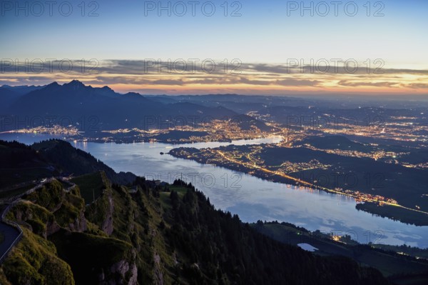 View from Rigi Kulm to the sea of lights, Lake Lucerne, Pilatus and the city, Lucerne, Canton Lucerne, Switzerland