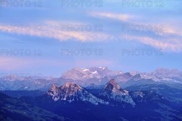 View from Rigi Kulm to the small and large Mythen in the light of dusk, Canton Schwyz, Switzerland